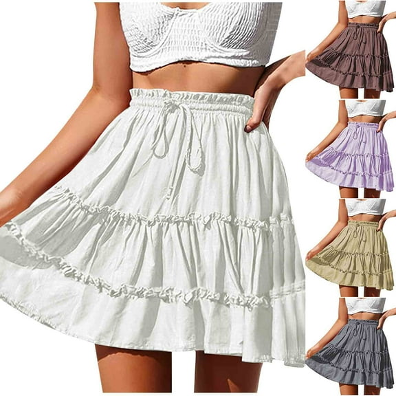 ZQUUVOU Beach Ruffle Skirt for Women Summer Drawstring Solid Color Adjustable Waist Casual Mini Skirt Vacation White