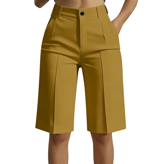 ZQUUVOU Bermuda Shorts for Women Summer Dressy Casual Solid High Waist Wide Leg Shorts with Pockets Office Work Wear Yellow