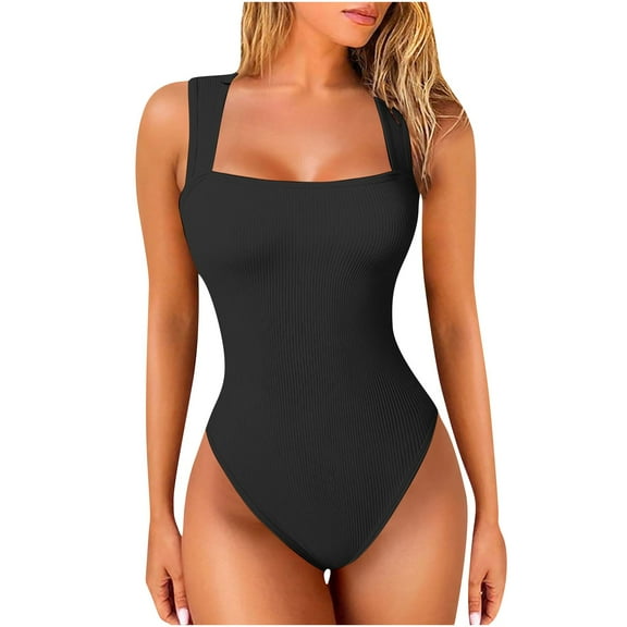 ZQUUVOU Bodysuit for Women Scoop Neck Sleeveless Tank Top Bodysuits Thong Seamless Sleeveless Basic Leotards Body Shaper Black