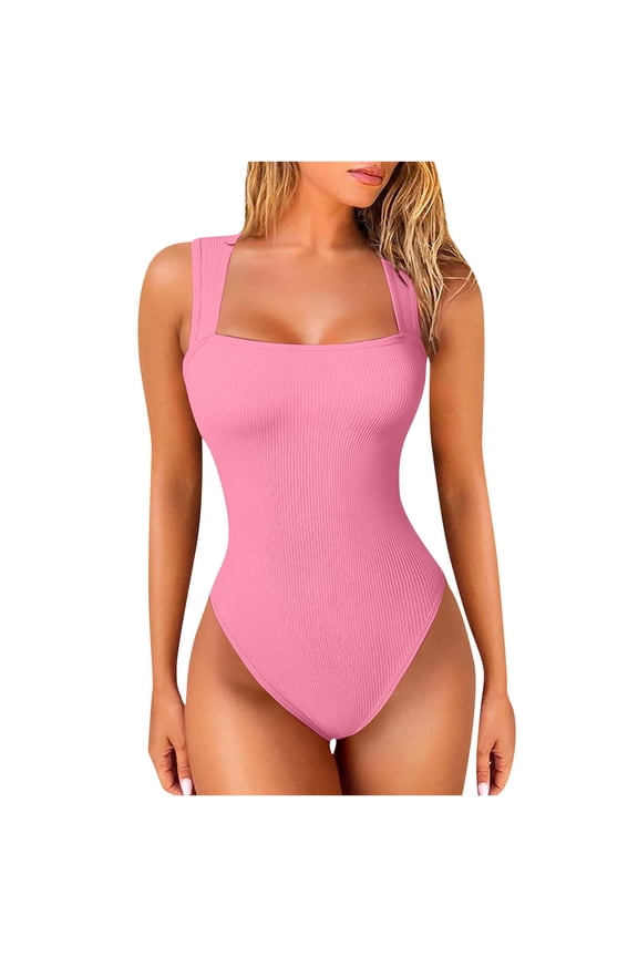 Bodysuit for Women Scoop Neck Sleeveless Tank Top Bodysuits Thong Seamless Sleeveless Basic Leotards Body Shaper Pink A