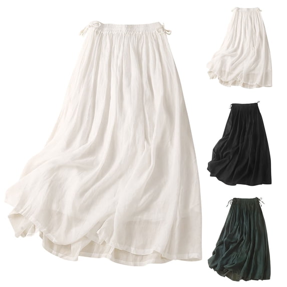 ZQUUVOU Bohemian Linen Maxi Skirt for Women Flowy Elastic Waist Cotton Lightweight Loose Artistic Long Skirt Black