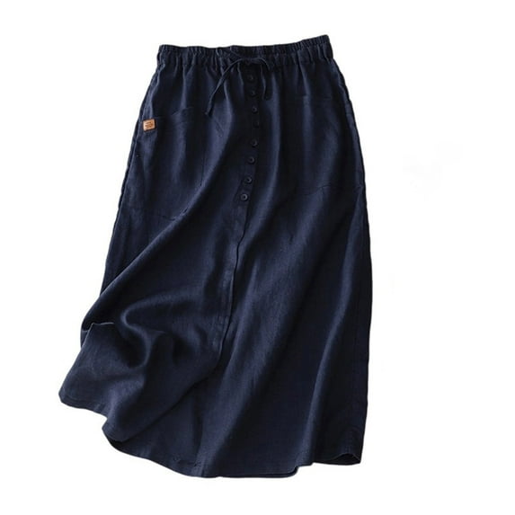 ZQUUVOU Bohemian Linen Midi Skirt for Women High Loose Solid Color Flowy A Line Skirt Casual Holiday Long Skirt Navy