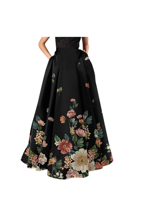 Bohemian Maxi Skirt for Women Floral Print High Waist Loose Beach Party Holiday Long Skirt with Pocket Black