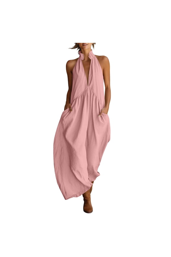 Boho Dresses for Women Linen Cotton Halter Neck Flowy Dress with Pockets Ruched Open Back Maxi Summer Long Dress Pink