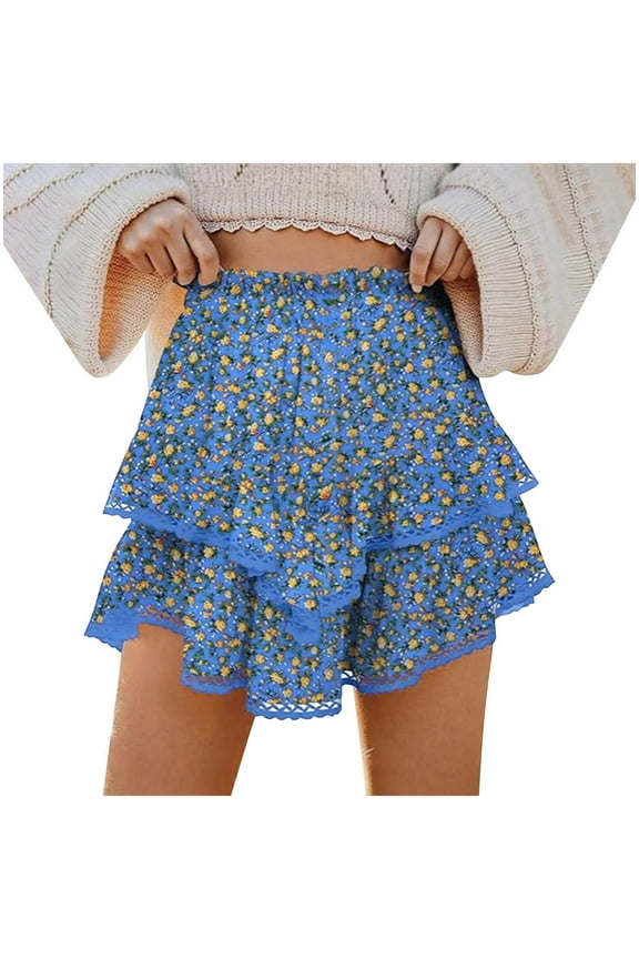 Boho Layered Skirt for Women Printed Mesh Panel High Waist Casual Office Mini Skirt Fashion Summer Outfits Blue