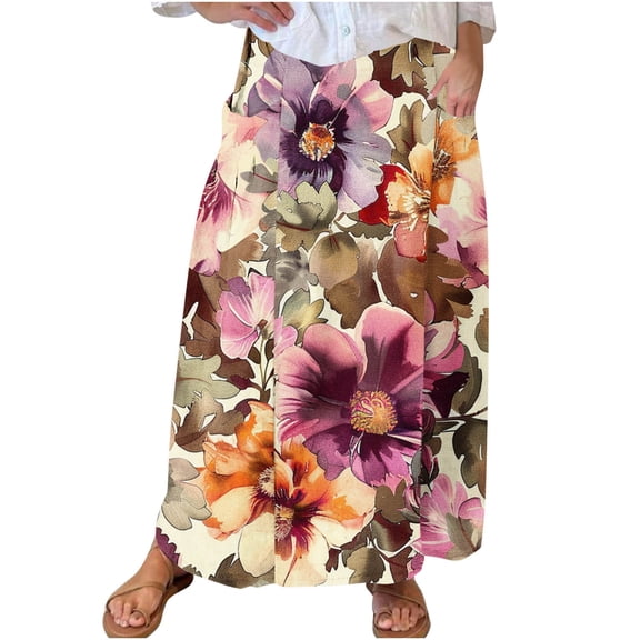 ZQUUVOU Boho Midi Skirt for Women Stretchy Waistband with Pockets Smocked Printed Comfortable Work Casual Skirt Khaki
