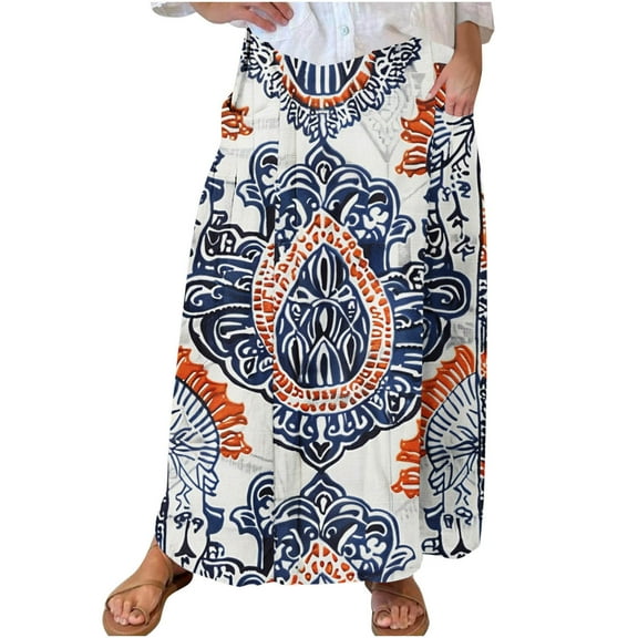 ZQUUVOU Boho Midi Skirt for Women Stretchy Waistband with Pockets Smocked Printed Comfortable Work Casual Skirt White
