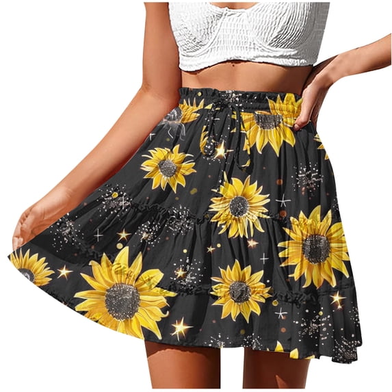 ZQUUVOU Boho Mini Skirt for Women Drawstring Waist Summer Beach Print Casual Adjustable Skirt for Vacation Holiday Black