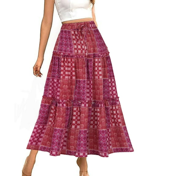 ZQUUVOU Boho Print Maxi Skirt for Women Elastic Drawstring Waist Flowy Swing Skirt Work Office Casual Outings Hot Pink