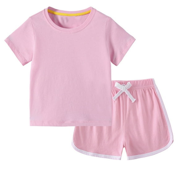 ZQUUVOU Boys And Girl Cotton Clothing Set Solid Color Short Sleeve Tops And Drawstring Pants 1-11 Year Pink