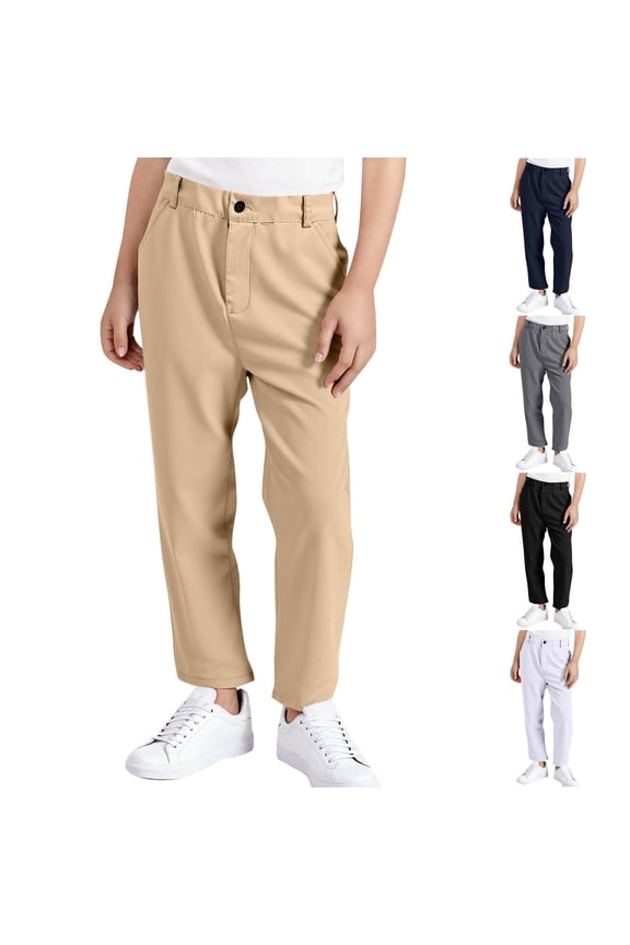 Boys Dress Pants Elastic Waist Straight Leg Uniform Pants with Pockets Performance Blazer Bottoms Trousers White