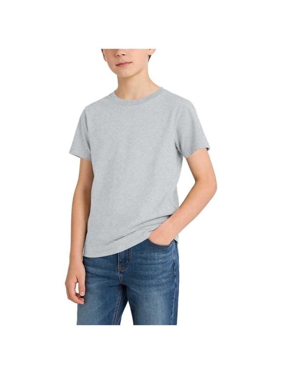 Boys Girls Cotton T Shirt Summer Solid Color Crewneck Short Sleeve Casual Everyday Soft Top for 1-15 Years Gray