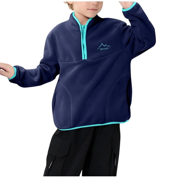 ZQUUVOU Boys Girls Half Zip Sweatshirts Polar Fleece Pullover Stand Collar Long Sleeve with Pockets Warm Top for Big Kids Dark Blue