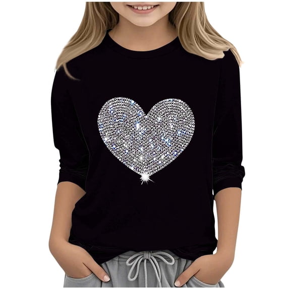 ZQUUVOU Boys Girls Hearted Print Tee 3/4 Sleeve Round Neck Valentines Pullover Casual Shirts for Children Black
