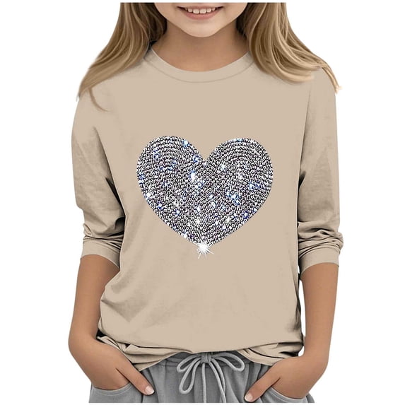 ZQUUVOU Boys Girls Hearted Print Tee 3/4 Sleeve Round Neck Valentines Pullover Casual Shirts for Children Khaki