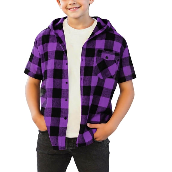 ZQUUVOU Boys Girls Plaid Hoodie Short Sleeve Spring Summer Button Down Shirt Jacket Casual Lightweight Outerwear for 4-15 Years Purple