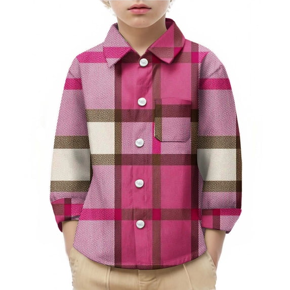 ZQUUVOU Boys Girls Plaid Shirt with Pockets Collar Long Sleeve Button Down Vintage Casual School Uniform Top for Kids Hot Pink
