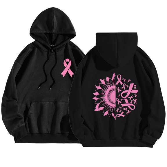 ZQUUVOU Breast Cancer Awareness Sweatshirts for Women Oversized Hoodies with Pocket Pink Ribbon Print Long Sleeve Gifts Sweatshirt Black B