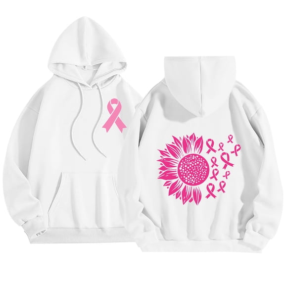 ZQUUVOU Breast Cancer Awareness Sweatshirts for Women Oversized Hoodies with Pocket Pink Ribbon Print Long Sleeve Gifts Sweatshirt White A