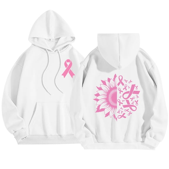ZQUUVOU Breast Cancer Awareness Sweatshirts for Women Oversized Hoodies with Pocket Pink Ribbon Print Long Sleeve Gifts Sweatshirt White B