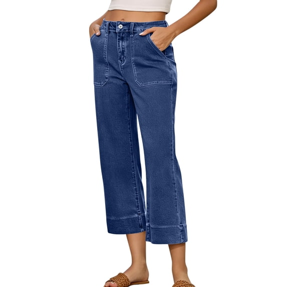 ZQUUVOU Capri Denim Pants for Women Solid Straight Leg Relaxed Fit High Waisted Casual Summer Jeans with Pockets Dark Blue