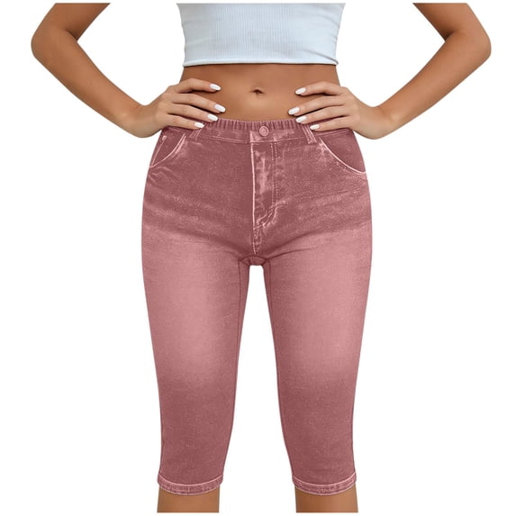 ZQUUVOU Capri Jeans for Women Pull On Jeggings High Elastic Breathable Tummy Control Yoga Pants Capri Leggings with Pockets Coffee