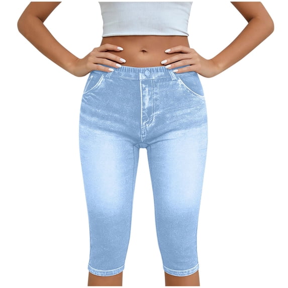 ZQUUVOU Capri Jeans for Women Pull On Jeggings High Elastic Breathable Tummy Control Yoga Pants Capri Leggings with Pockets Light Blue