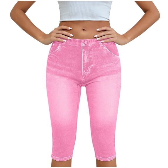 ZQUUVOU Capri Jeans for Women Pull On Jeggings High Elastic Breathable Tummy Control Yoga Pants Capri Leggings with Pockets Pink