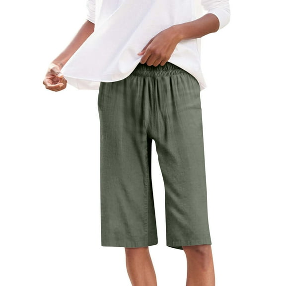 ZQUUVOU Capri Pants for Women Cotton Linen Cropped Pants Drawstring Waist with Pockets Comfortable Casual Shorts Olive Green