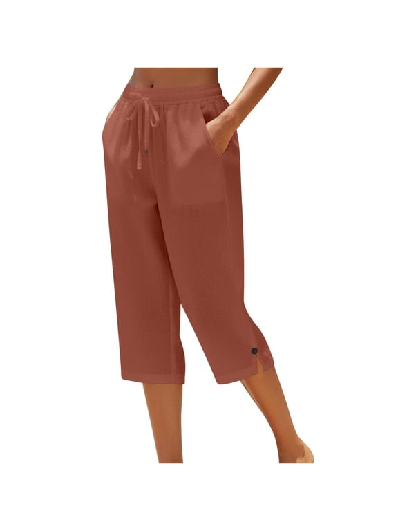 Capri Pants for Women Solid Summer Cotton Loose Button Elastic Waist Straight Leg Casual Breathable Cropped Pants Brown