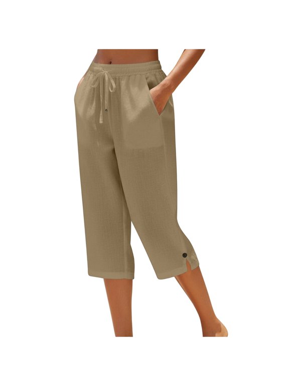 Capri Pants for Women Solid Summer Cotton Loose Button Elastic Waist Straight Leg Casual Breathable Cropped Pants Coffee