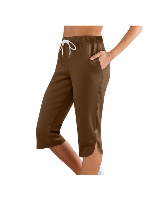 Capris Pants for Women Drawstring Elastic Waist Side Pockets Cuffed Split Hem Lightweight Casual Cropped Pants Brown