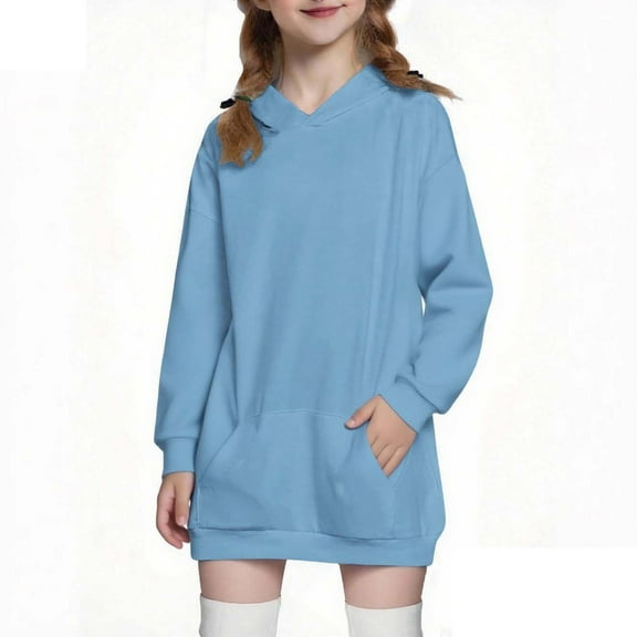 ZQUUVOU Children's Girls Long Pullover Sweatshirt Solid Color Hoodie Dress with Pockets for Fall Winter Casual Cozy Outfits Blue B