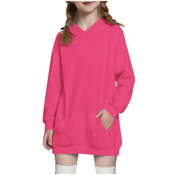 ZQUUVOU Children's Girls Long Pullover Sweatshirt Solid Color Hoodie Dress with Pockets for Fall Winter Casual Cozy Outfits Hot Pink