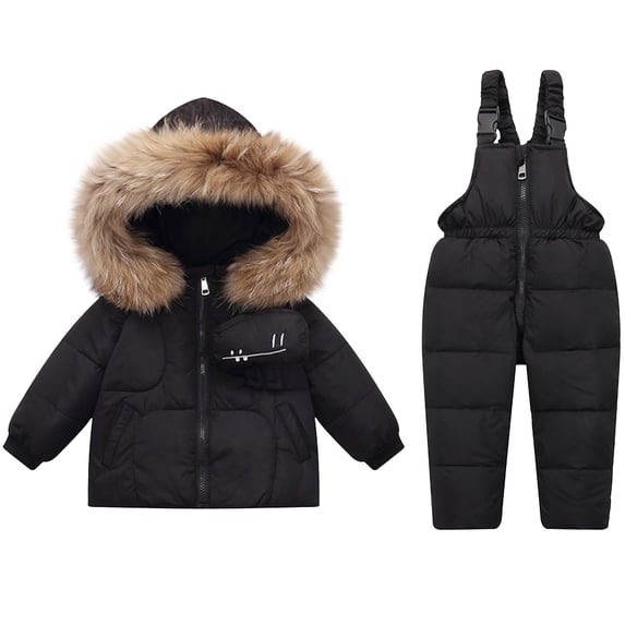 ZQUUVOU Children's Snowsuit 2 Piece Set Hooded Faux Fur Trim Thermal Jacket Pants Waterproof Winter Gear Outdoor Black E