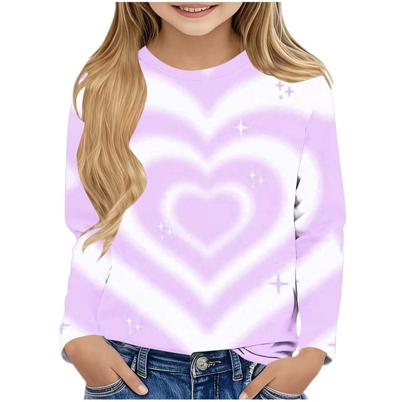 ZQUUVOU Childrens Valentines Print Tops Long Sleeve Round Neck Pullover Under Shirt for Kids Holiday Gift Purple