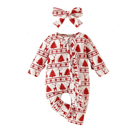 ZQUUVOU Christmas Newborn Baby Girl Print Romper Long Sleeve Outfits Pajamas Baby Warm Clothes One Piece Romper White