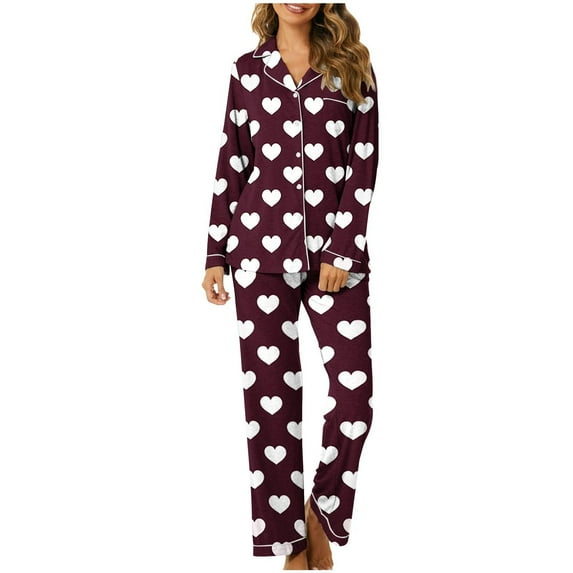 ZQUUVOU Christmas Pajamas for Women Heart Printed Long Sleeved Button Down Tops and Pants Valentine's Day Set Burgundy