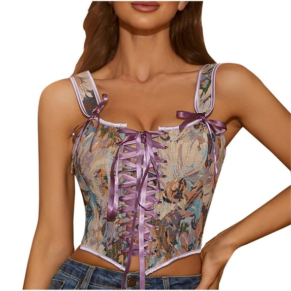 ZQUUVOU Corset Shapewear for Women Court Vintage Floral Fishbone Waist Trainer Bustier Bodysuit Shapewear Straps Tank Tops Purple A