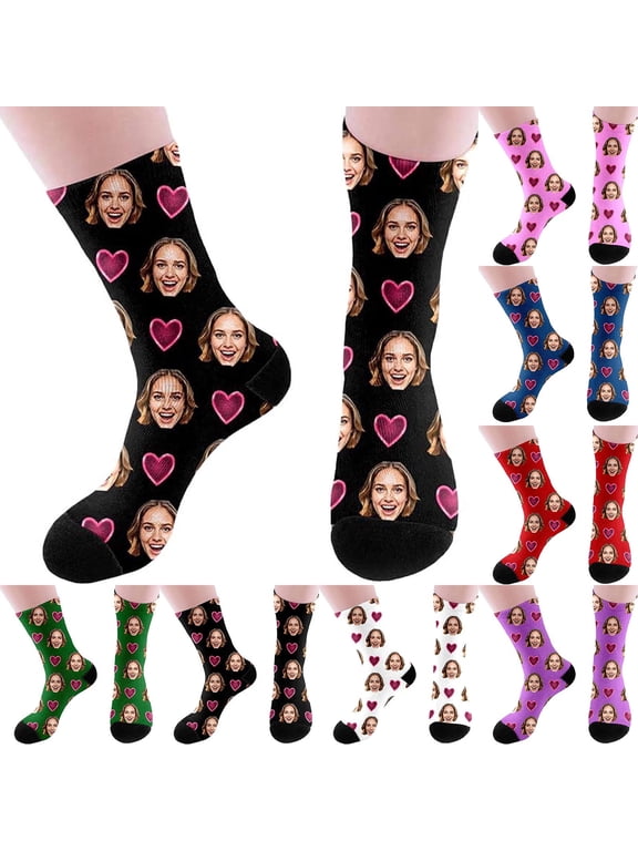 Custom Photo Face Socks Personalized Unisex Gift for Men Women Novelty Print Your Own Picture Funny Birthday Present Dark Blue