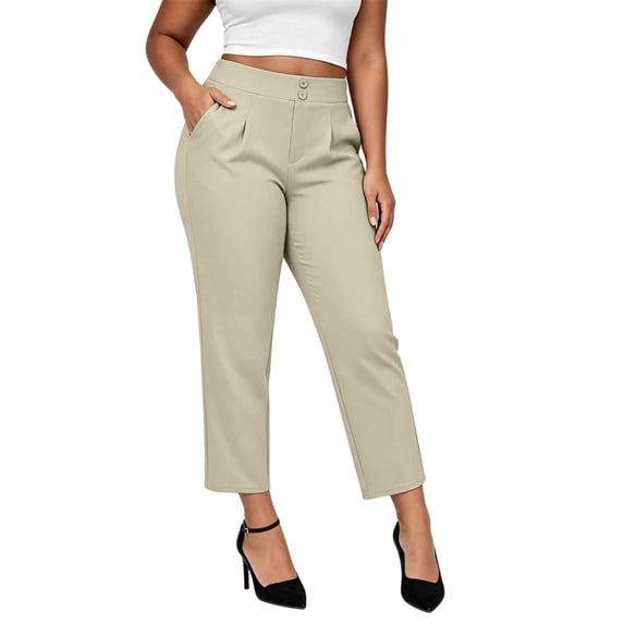 ZQUUVOU Dress Capri Pants for Women Solid High Waist Straight Leg with Pockets Stretchy Cropped Length Office Work Wear Khaki