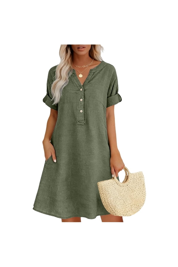 Dresses for Women Solid Linen Cotton Short Sleeve V Neck Button Down Midi Loose Sundress with Pockets Olive Green