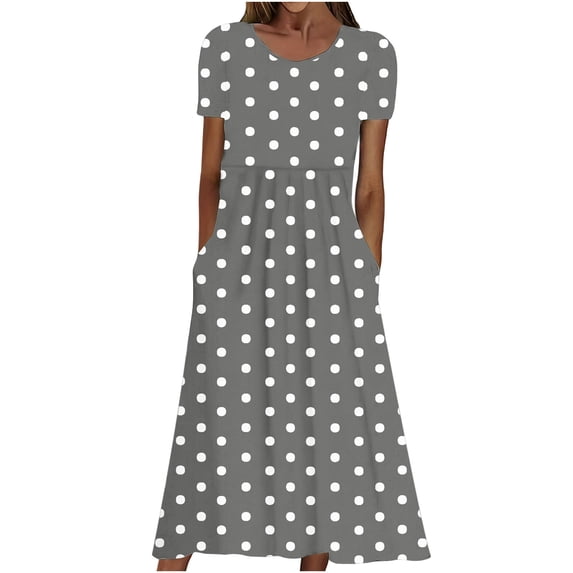ZQUUVOU Dresses for Women Vintage Polka Dot V Neck Stretchy Midi Dress Casual Crewneck Short Sleeve Loose Dresses Gray
