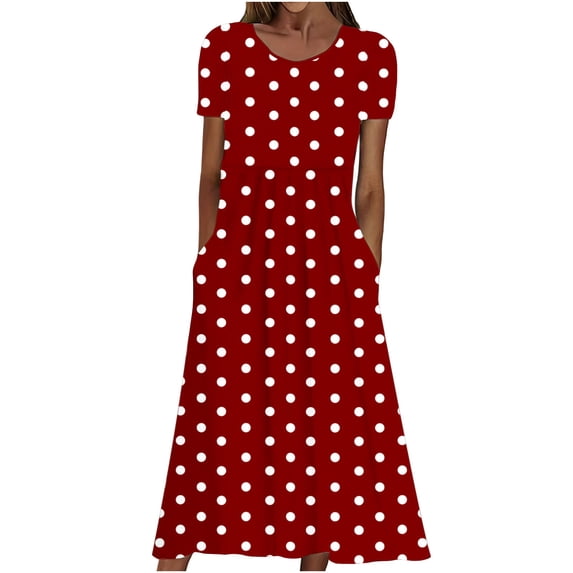 ZQUUVOU Dresses for Women Vintage Polka Dot V Neck Stretchy Midi Dress Casual Crewneck Short Sleeve Loose Dresses Red