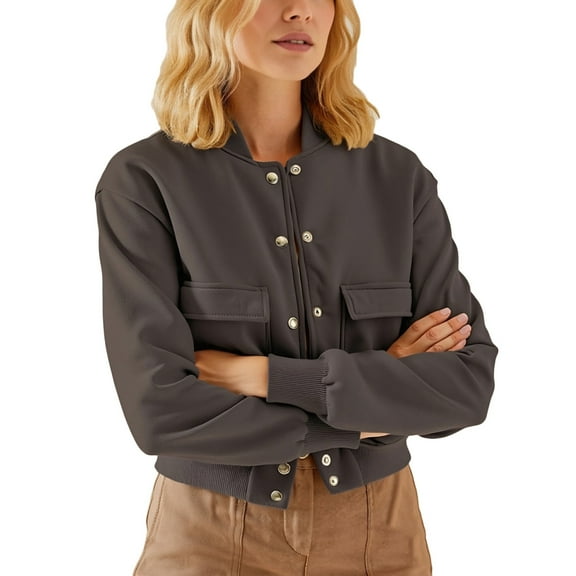 ZQUUVOU Fall Cropped Jacket for Women Crew Neck Long Sleeve Sweatshirt with Pockets Button Down Short Jacket for Daily Wear Olive Green