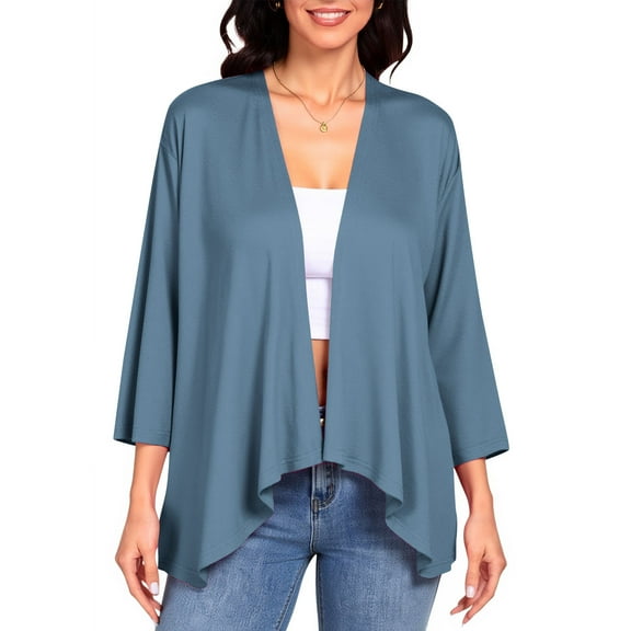 ZQUUVOU Fall Open Front Jacket for Women Solid Color Lightweight 3/4 Sleeve Cardigan Outer Layer for Spring Fall Navy