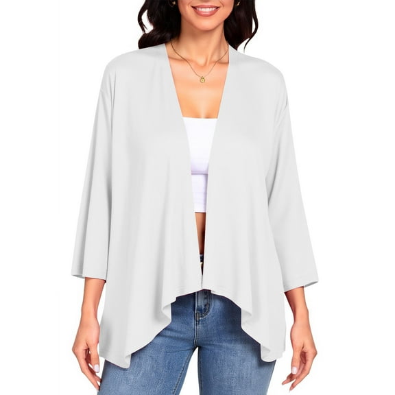 ZQUUVOU Fall Open Front Jacket for Women Solid Color Lightweight 3/4 Sleeve Cardigan Outer Layer for Spring Fall White