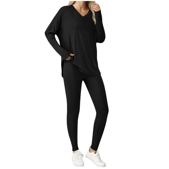 ZQUUVOU Fall Pajamas for Women Fashion V-Neck Long Sleeve Lightweight Blouse Elastic Waist Pocket Long Pants Sets Black