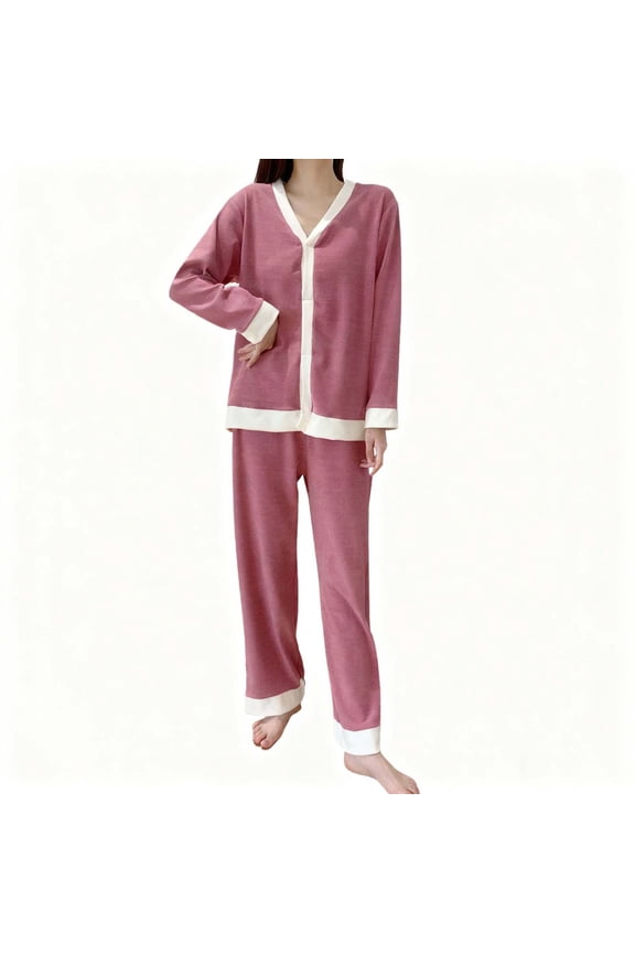 Fall Pajamas for Women Long Sleeve V Neck Solid Color Thick Thermal Sleepwear Lightweight Loungewear Hot Pink