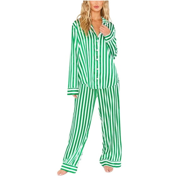 ZQUUVOU Fall Silk Pajamas for Women Stripe Printed Loose Notch Collar Satin Pajamas Longline Comfortable Sleepwear Green